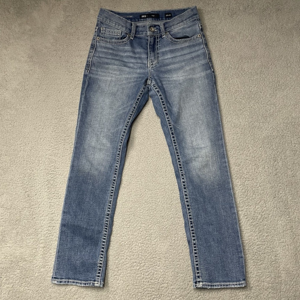 BKE Buckle Alec Jeans Straight Leg Stretch Blue Denim Whiskered Mens 29x30